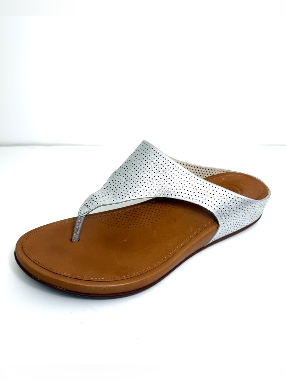 FitFlop Banda Perforated Leather Toe Post Silver Metallic Sandals Womens Size 6
